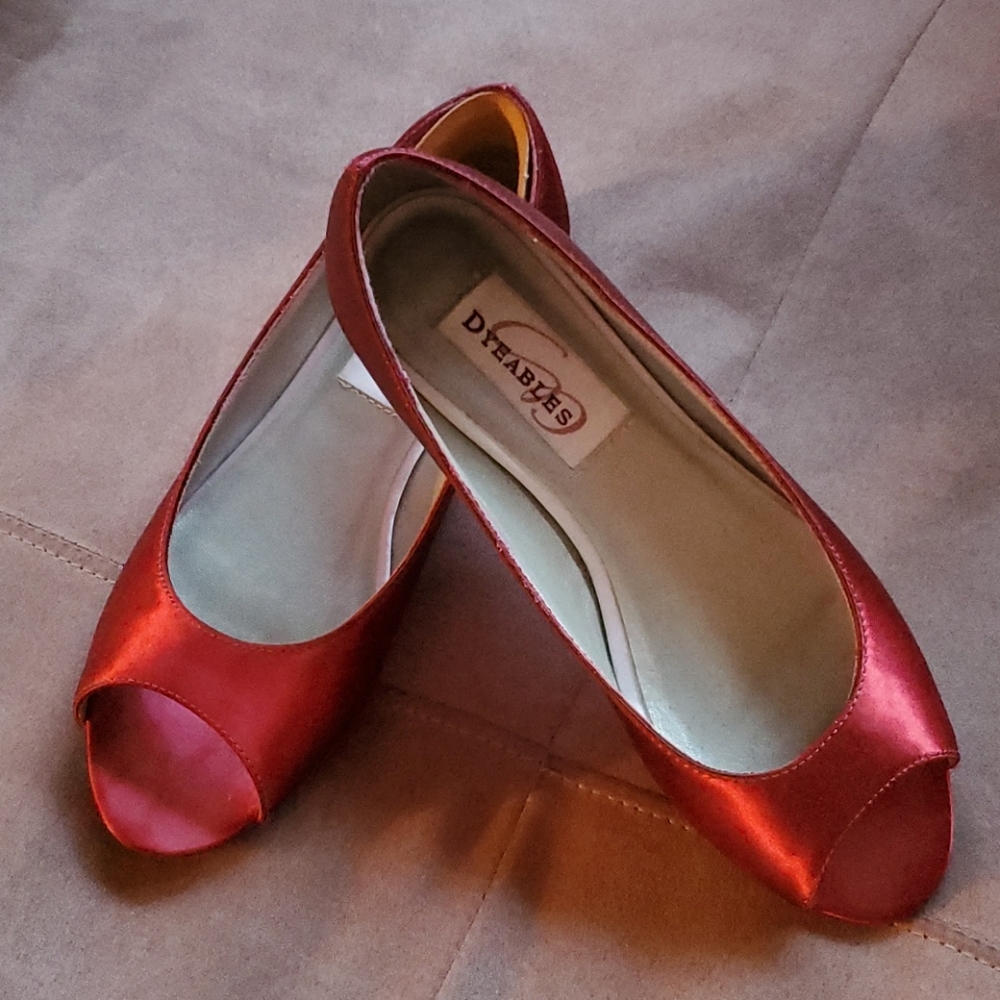 Red Satin Peep Toe Flat Shoes
